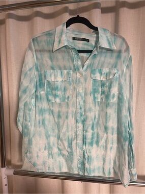 Ralph Lauren Aqua and White Tie-Dye Collared Shirt